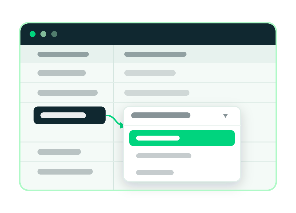 A spreadsheet with a category cell selected and a linked dropdown open beside it, showing only the options that belong to that category