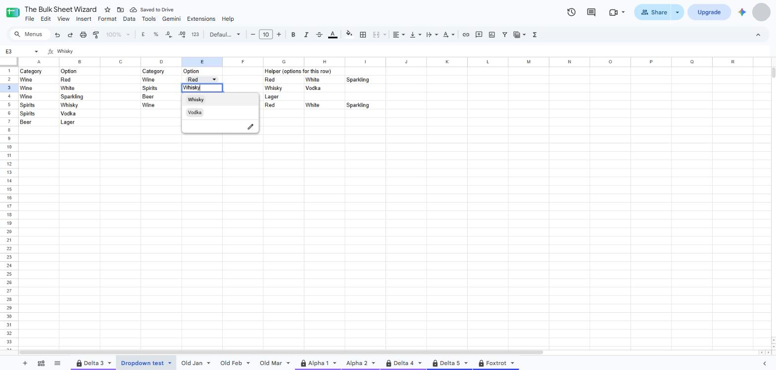 A working dependent dropdown in Google Sheets with one helper row per entry row
