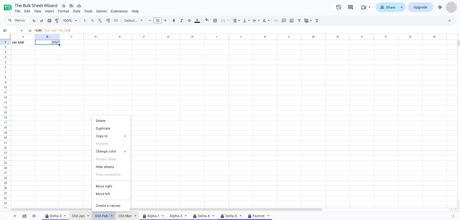 Three tabs selected in Google Sheets with the right-click menu open on Delete