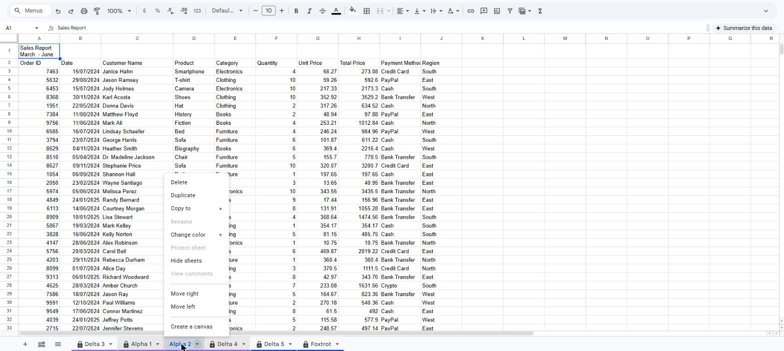 Three tabs selected in Google Sheets with the right-click menu showing Hide sheets