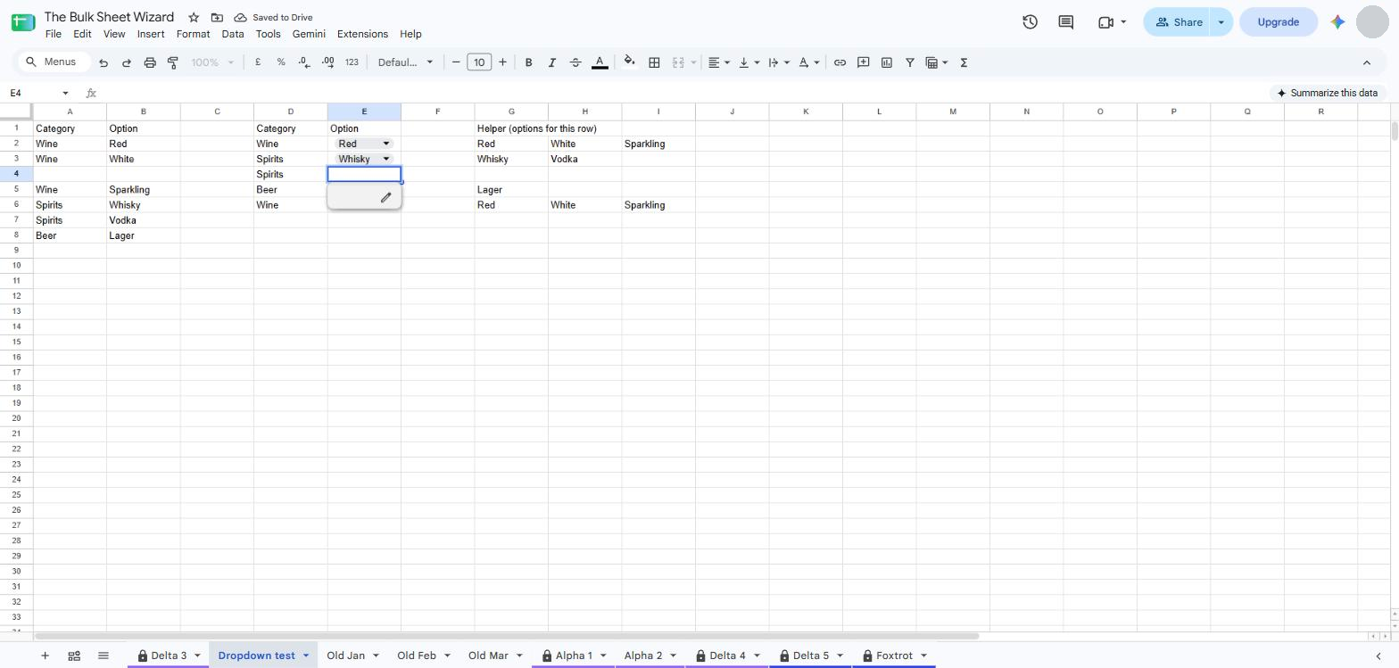 After inserting a row: the new row has a dropdown but an empty list