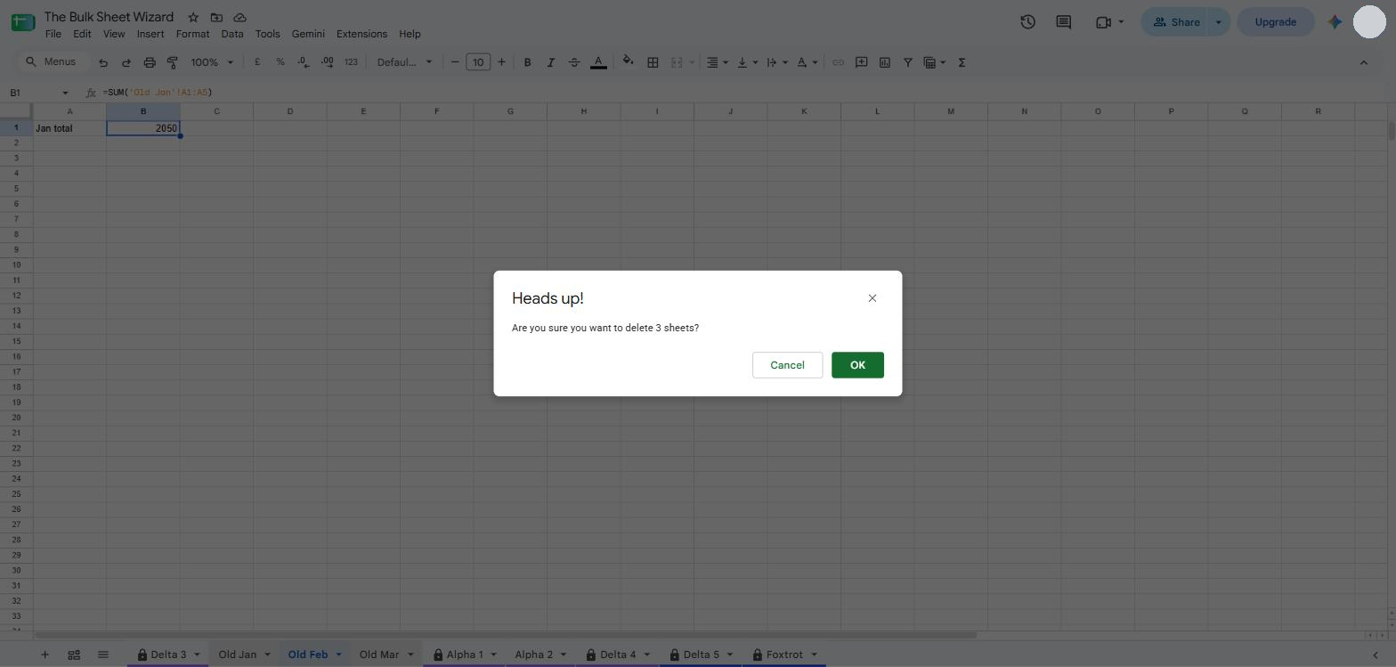 The Heads up dialog in Google Sheets asking whether to delete 3 sheets