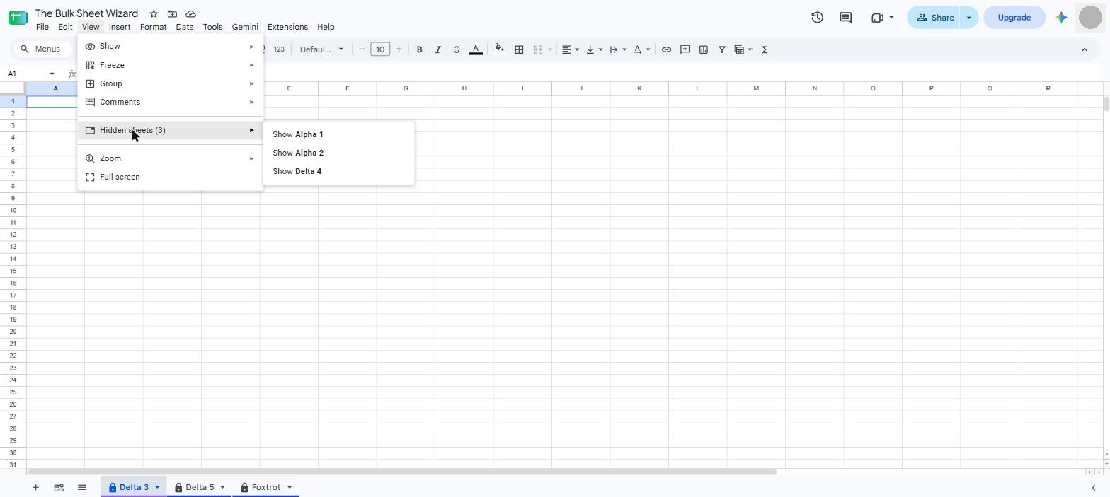 The View menu in Google Sheets showing Hidden sheets (3) and one Show option per sheet