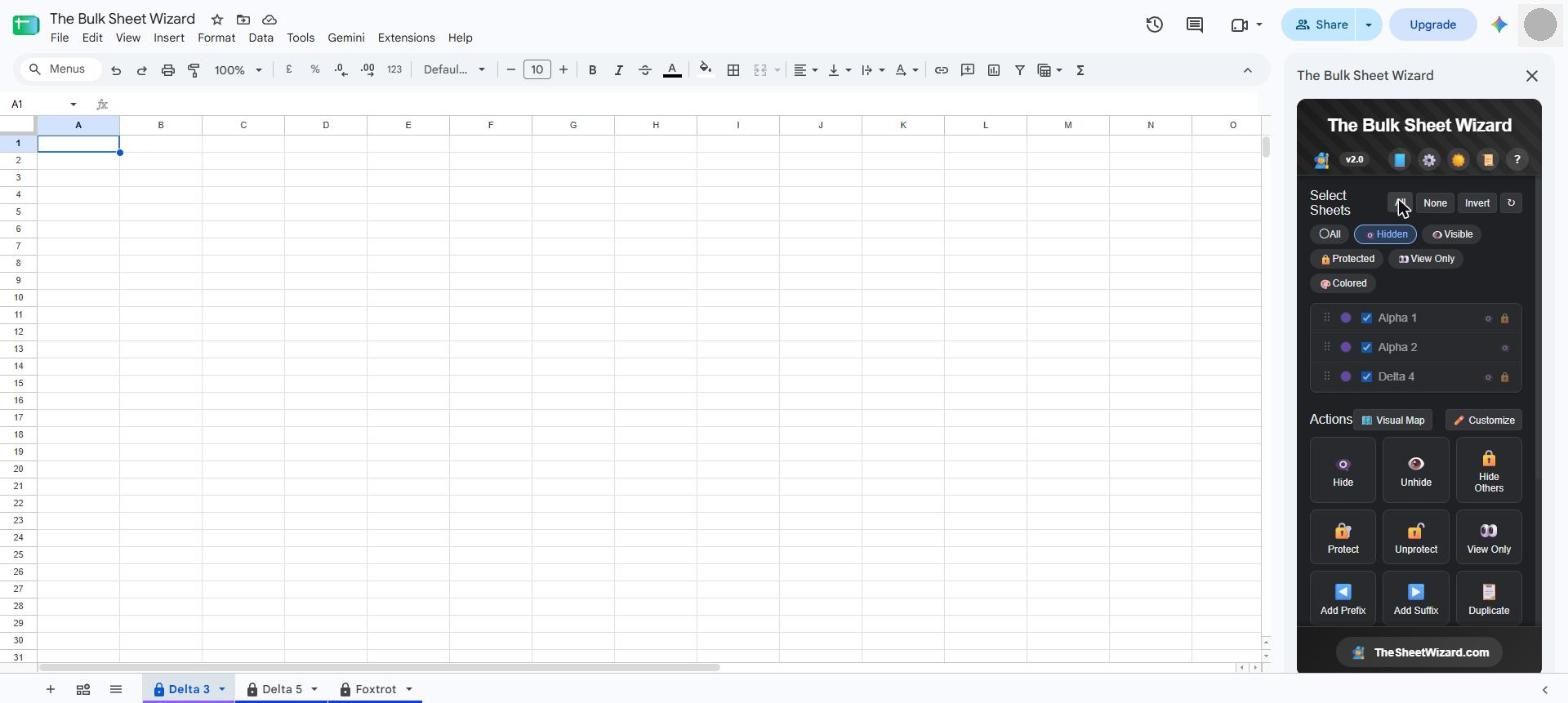 The Bulk Sheet Wizard sidebar with the Hidden filter on and three hidden sheets ticked