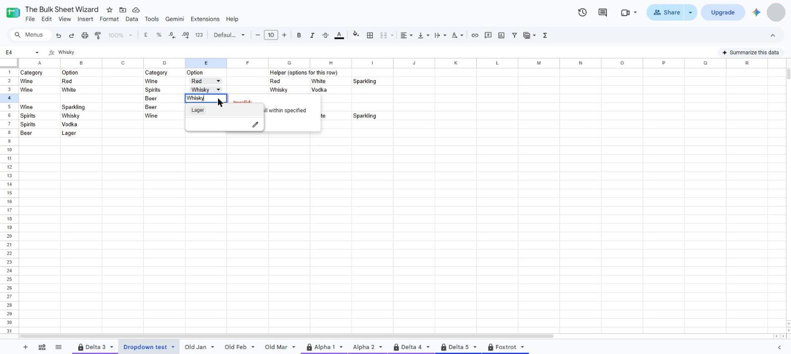 A copied row keeps its old option and flags it invalid