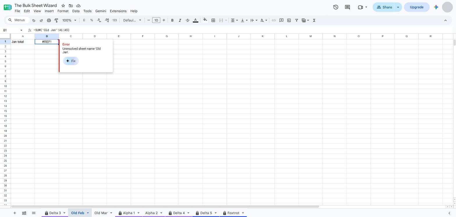 A cell showing #REF! after its source sheet was deleted, with the error Unresolved sheet name