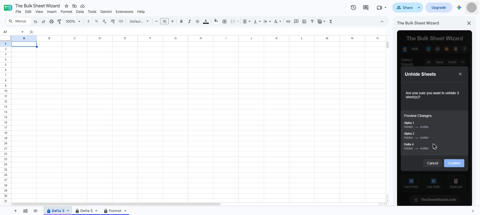 The Bulk Sheet Wizard preview dialog listing three sheets changing from hidden to visible