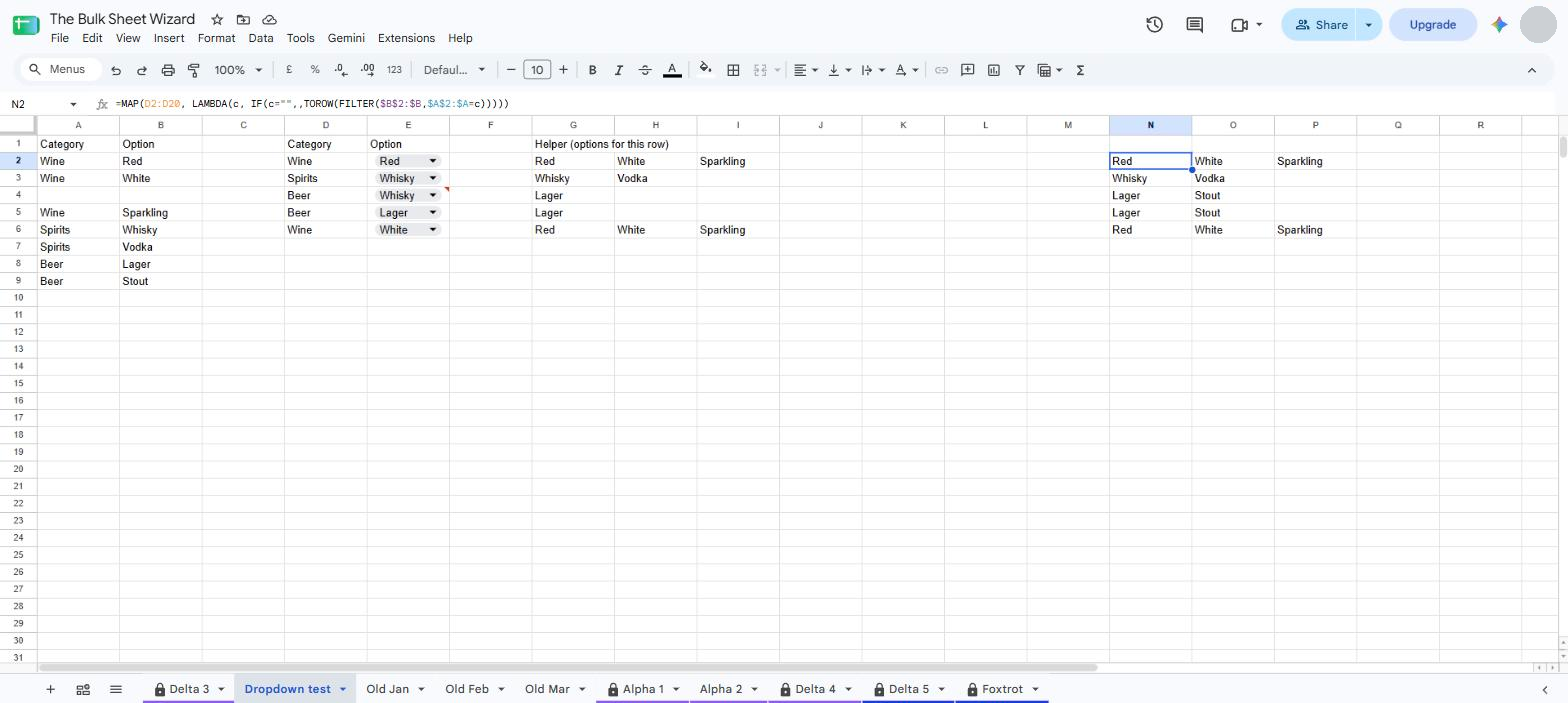 A whole-column helper built with MAP covers every row, including new options at the bottom of the list