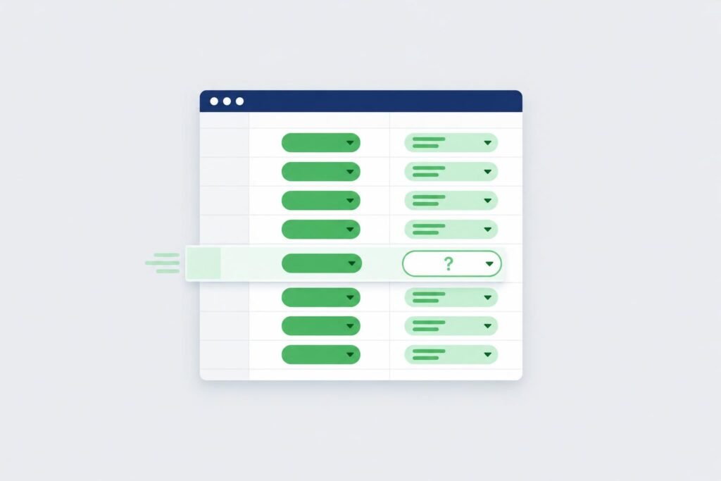 A row inserted into a Google Sheets table whose dependent dropdown comes up empty