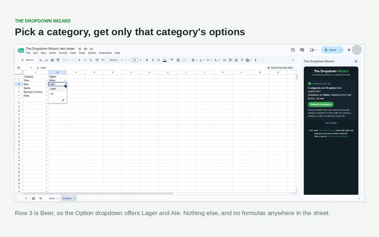 The Dropdown Wizard: pick a category, get only that category's options