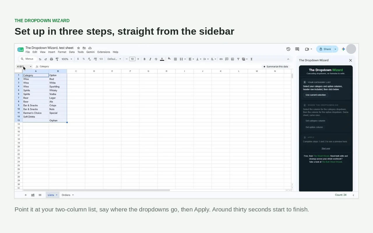 The Dropdown Wizard: set up in three steps from the sidebar
