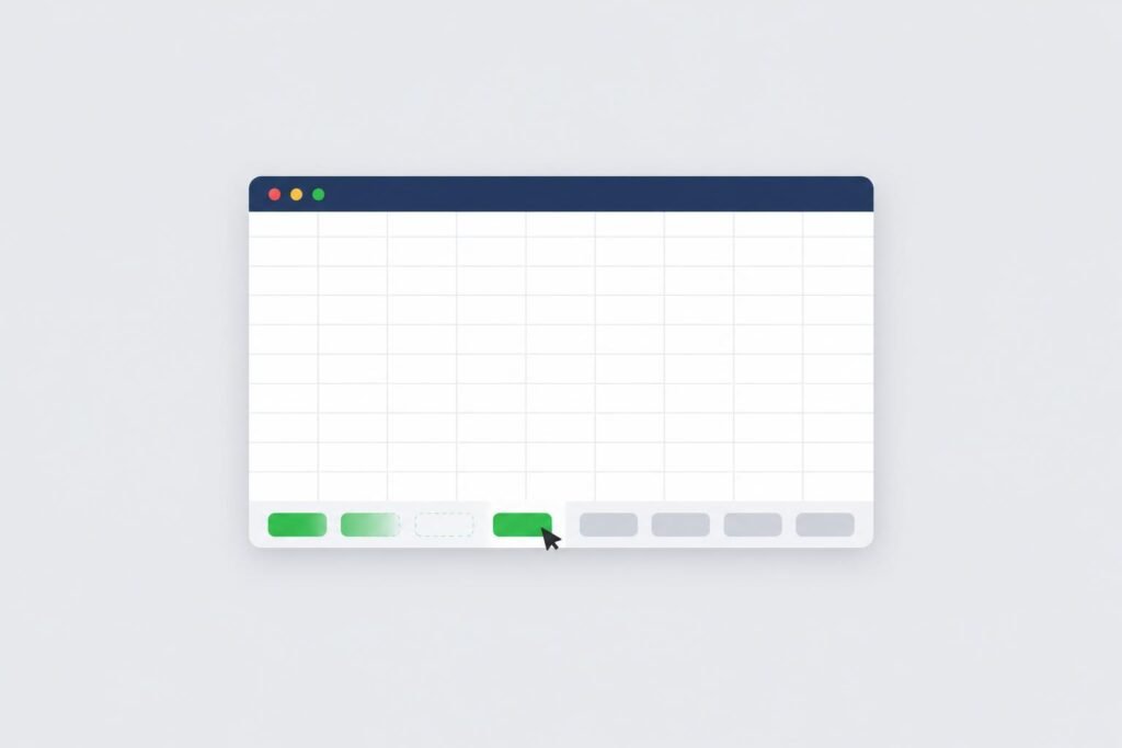 Illustration of a spreadsheet window with a row of sheet tabs, three tabs fading out as they are hidden and one being pulled back