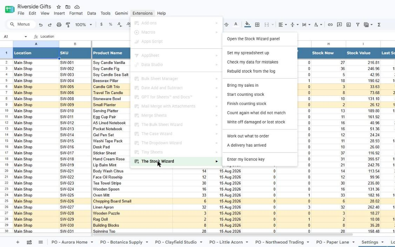 The Extensions menu in Google Sheets with The Stock Wizard submenu open, listing Start counting stock, Finish counting stock, Work out what to order and the other actions