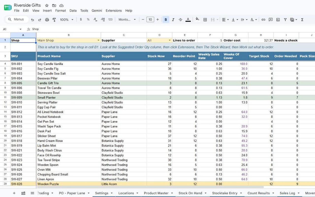 The Stock Wizard Order Builder tab in Google Sheets: each product with its sales speed, suggested order quantity, cost and a check column
