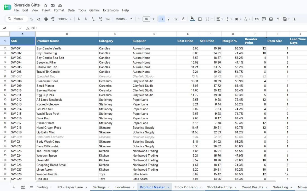 The Stock Wizard Product Master tab in Google Sheets: SKU, name, category, supplier, cost, sell price, margin, pack size and lead time per product