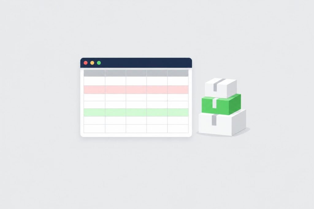 Illustration of a spreadsheet stock count with one row short and one row over, next to a stack of parcels